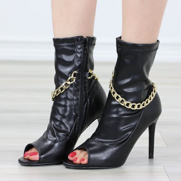 Black Open Toe High Heel Boots Trendy Gold Ankle Chain Heeled Stiletto's - Picture 11 of 13